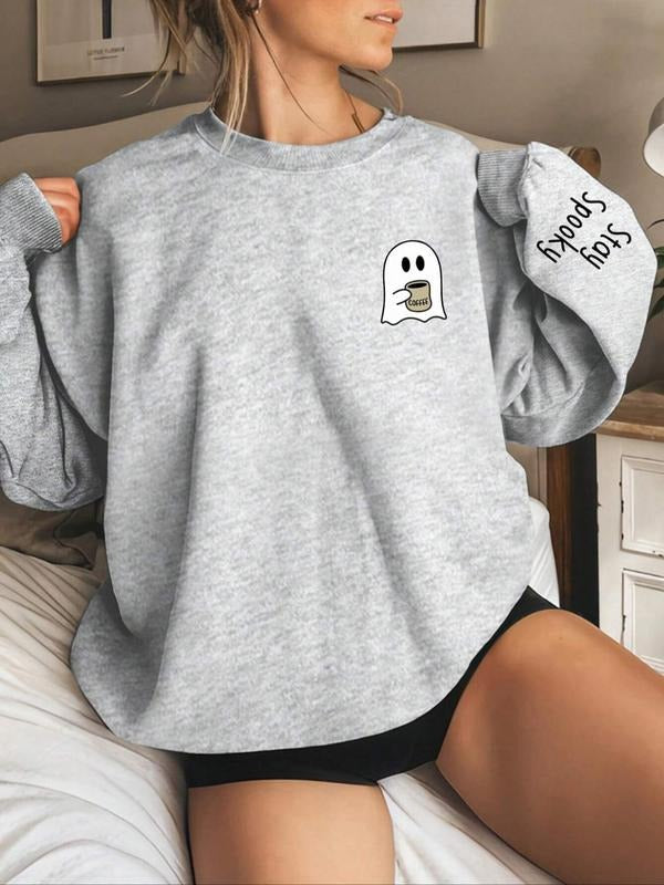 Women's Ghost & Letter Print Drop Shoulder Sweatshirt, Casual Long Sleeve Round Neck Pullover for Halloween Fall & Winter, Women's Clothes for Daily Wear