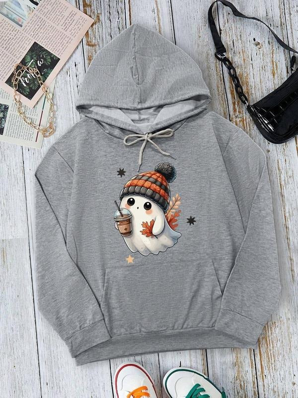 Women's Ghost & Pumpkin Print Drop Shoulder Hoodie, Fashion Casual Drawstring Pocket Hooded Sweatshirt for Daily Holiday Outdoor Wear, Women Clothing for Fall & Winter