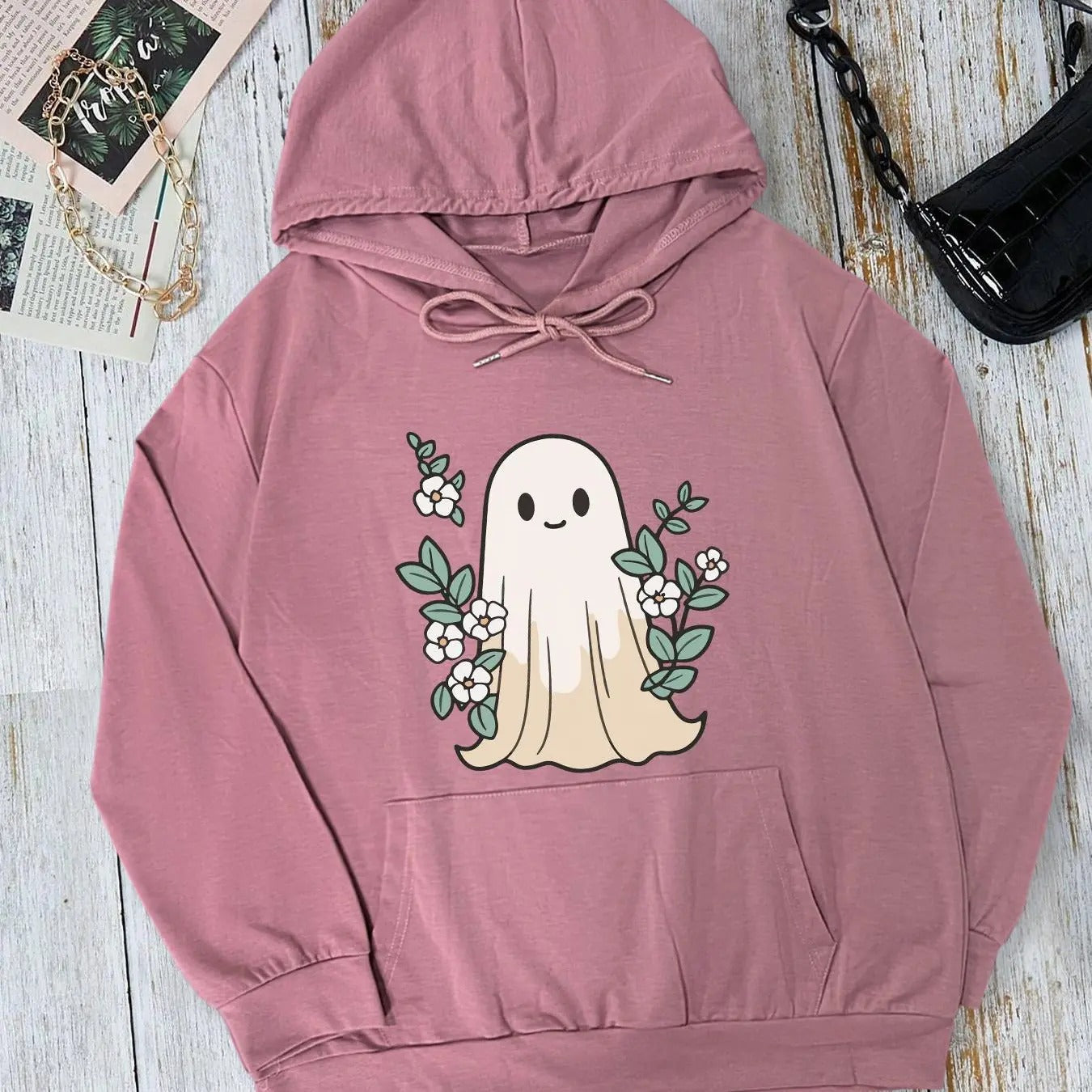 Women's Ghost Print Drawstring Hoodie, Fashion Casual Long Sleeve Pocket Hooded Sweatshirt for Halloween Daily Holiday Outdoor Wear, Women Clothing for Fall & Winter