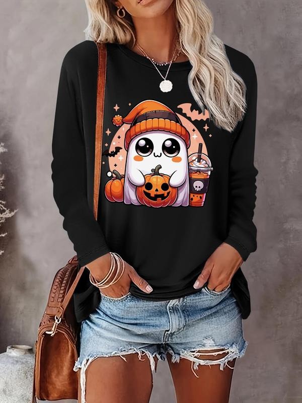 Women's Ghost Print Round Neck Tee, Halloween Theme Cute Casual Long Sleeve T-Shirt for Daily Holiday Vacation Outdoor Wear, Women Tops for Fall & Winter
