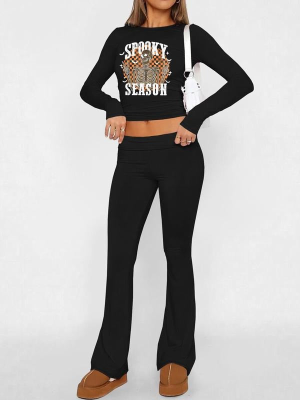 Women's Graphic Print Crop Tee & Flare Leg Pants Two-piece Set, Casual Fashion Round Neck Long Sleeve Top & Bell Bottom Trousers for Halloween Daily Outdoor Wear, Women's Clothing for Fall & Winter