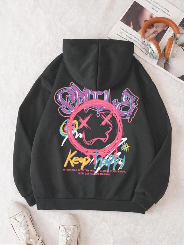 Women's Graphic Print Drop Shoulder Hoodie with Kangaroo Pocket Design, Fashion Casual Printed Drawstring Hooded Sweatshirt for Daily Holiday Outdoor Wear, Women Clothes for Fall & Winter