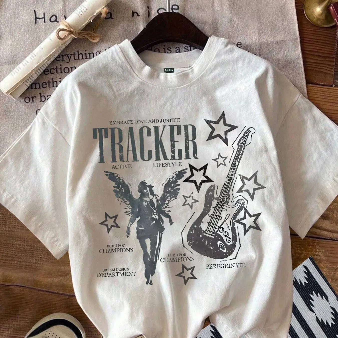 Women's Guitar & Letter Print Round Neck Tee, Vintage Trendy Casual Crew Neck T-shirt for Daily Wear, Ladies Summer Outfit