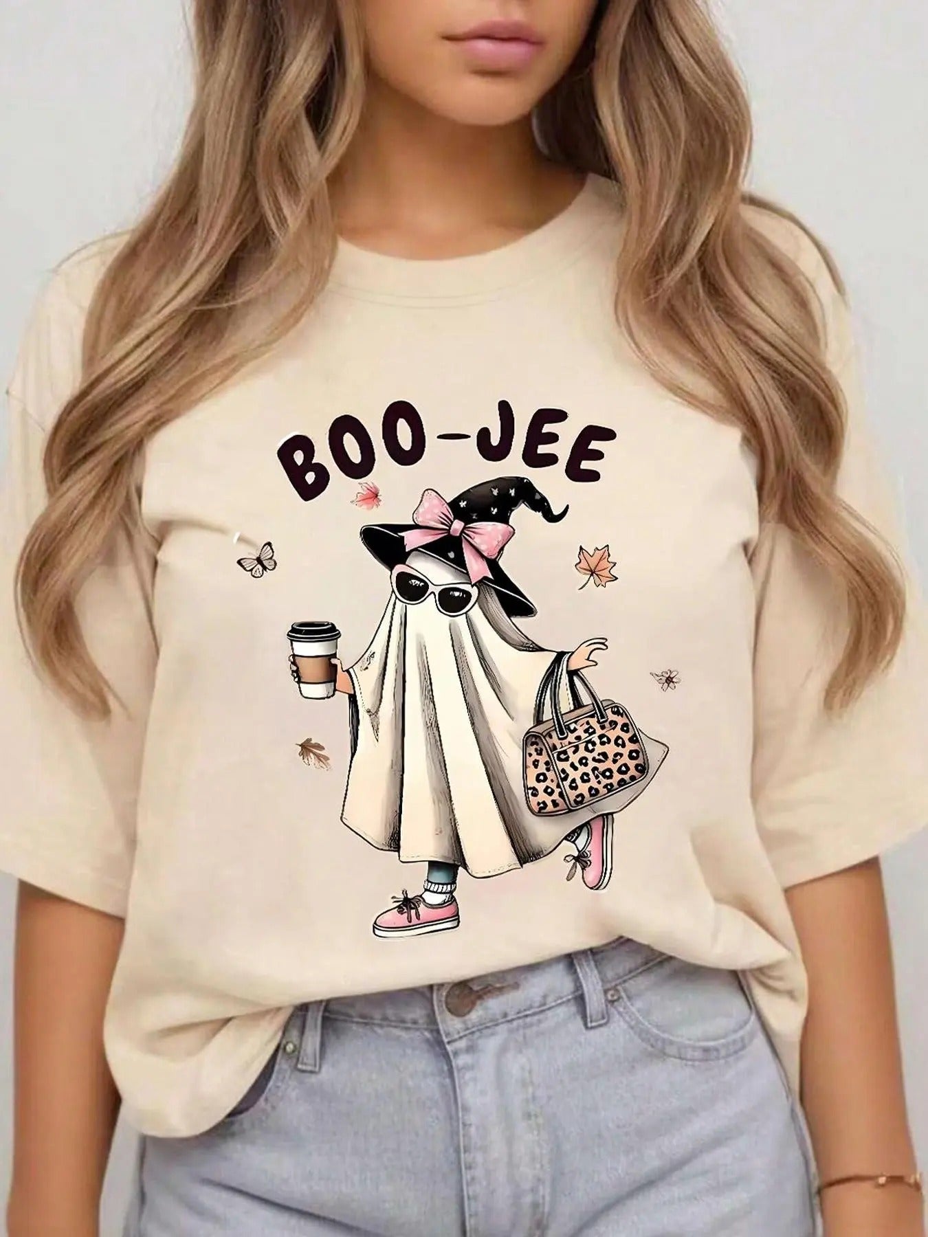 Women's Halloween Ghost & Letter Print Drop Shoulder Tee, Casual Comfy Round Neck Half Sleeve T-shirt for Summer,...
