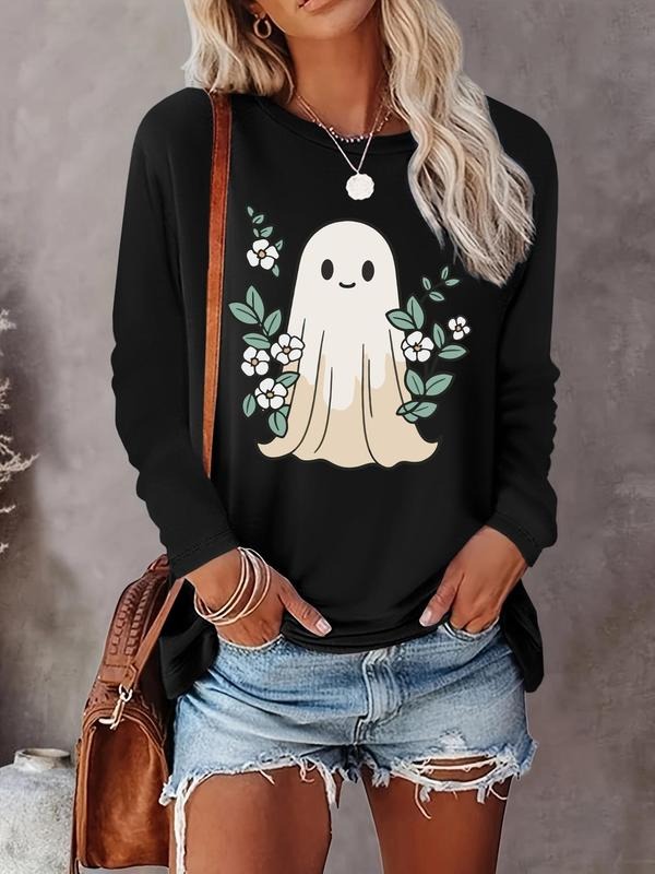 Women's Halloween Ghost & Floral Print Round Neck Tee, Casual Long Sleeve Crew Neck T-Shirt for Fall & Winter, Women's Clothes for Daily Wear