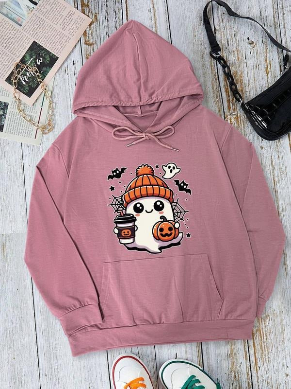 Women's Halloween Ghost Print Drawstring Pocket Hoodie, Cute Casual Long Sleeve Hooded Sweatshirt for Daily Holiday Outdoor Wear, Women Clothing for Fall & Winter