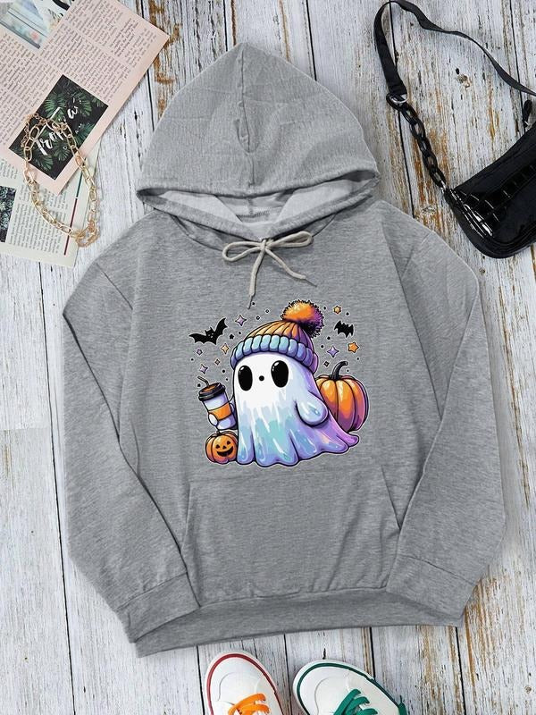 Women's Halloween Ghost Print Drop Shoulder Hoodie, Fashion Casual Drawstring Pocket Hooded Sweatshirt for Daily Holiday Outdoor Wear, Women Clothing for Fall & Winter
