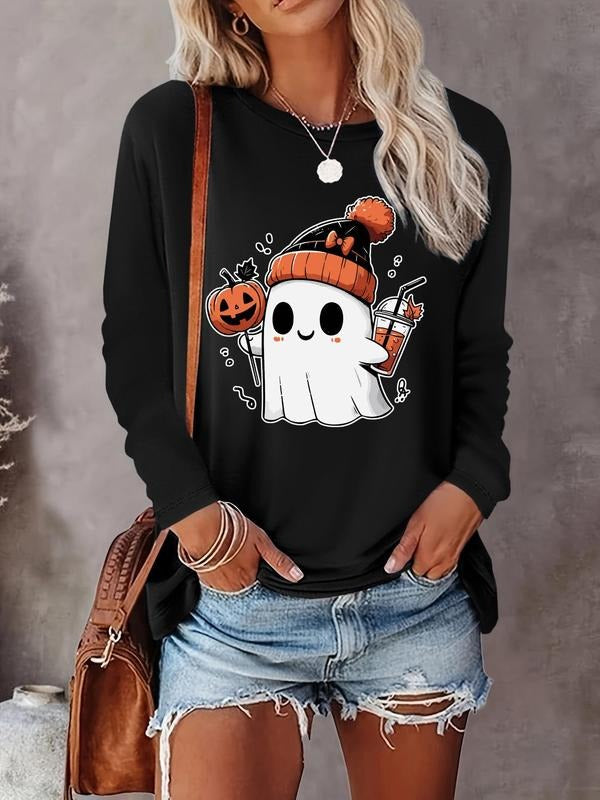 Women's Halloween Ghost Print Round Neck Tee, Casual Long Sleeve Crew Neck T-shirt for Fall & Winter, Women's Clothes for Daily Wearstyle{n002}2