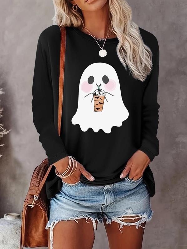 Women's Halloween Ghost Print Round Neck Tee, Casual Long Sleeve Crew Neck T-shirt for Fall & Winter, Women's Clothes...