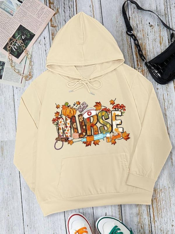 Women's Halloween Letter Print Drop Shoulder Hoodie, Fashion Casual Drawstring Pocket Hooded Sweatshirt for Daily Holiday Outdoor Wear, Ladies Clothing for Fall & Winter