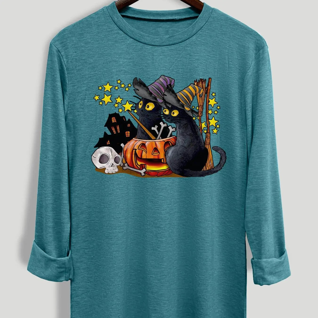 Women's Halloween Themed Cat & Pumpkin Print Tee, Cute Casual Long Sleeve Round Neck T-Shirt for Daily Wear, Women Clothing for All Seasons