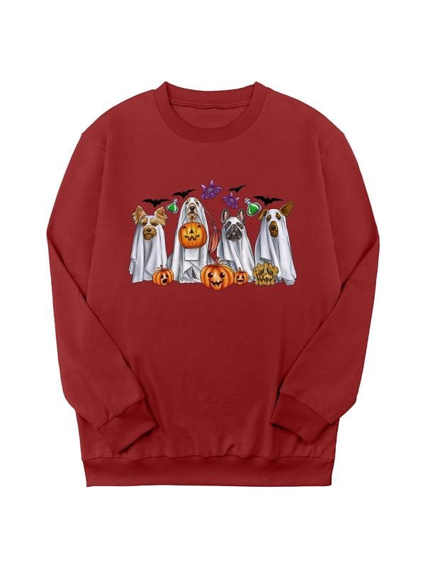 Women's Halloween Themed Dogs Print Round Neck Sweatshirt, Cute Casual Long Sleeve Pullover for Daily Wear, Women Clothing for Fall & Winter