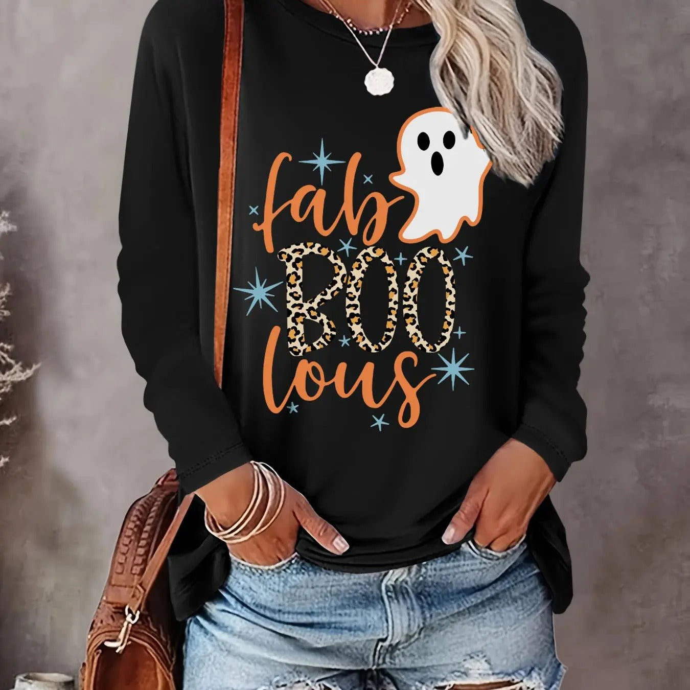 Women's Halloween Themed Ghost & Letter Print Round Neck Tee, Casual Long Sleeve Crew Neck T-shirt for Daily Holiday Vacation Outdoor Wear, Ladies Clothes for All Seasons