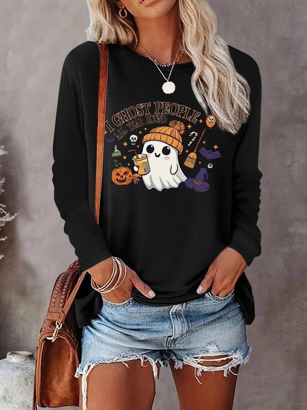 Women's Halloween Themed Ghost & Letter Print Round Neck Tee, Casual Long Sleeve Crew Neck Top for Fall & Winter, Women's Clothes for Daily Wear