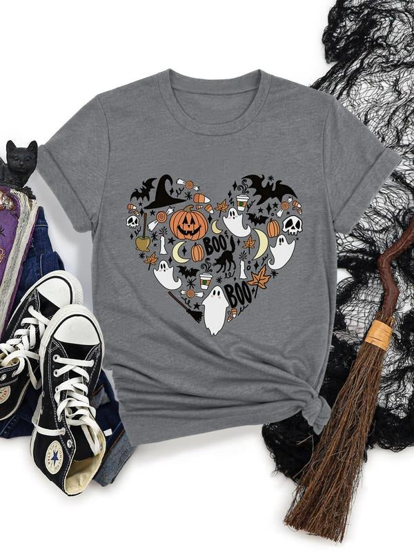 Women's Halloween Themed Heart Print Round Neck Tee, Casual Short Sleeve Crew Neck T-Shirt for Summer, Fashion Women's Top for Daily Wear