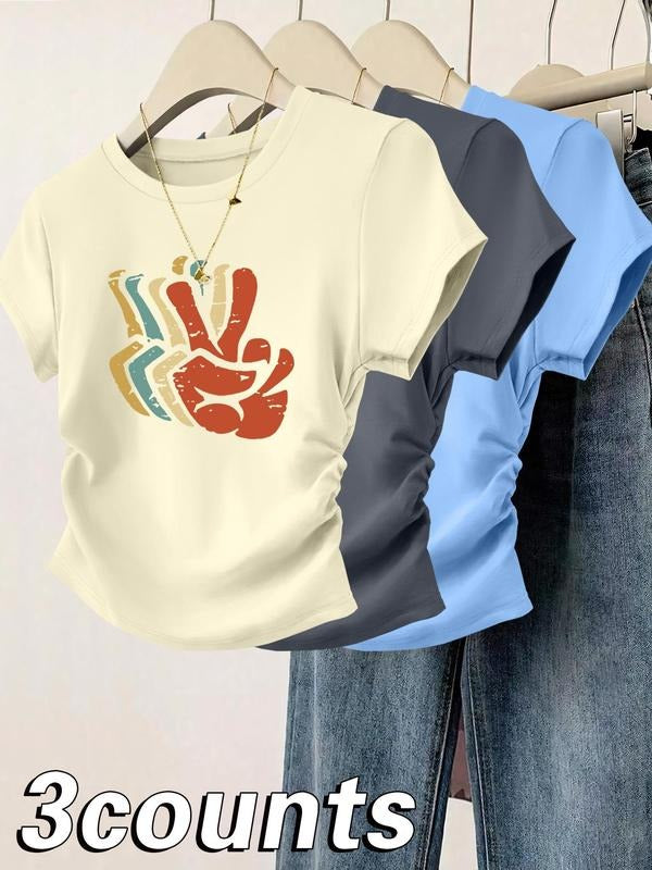 Women's Hand Print Round Neck Tee, Casual Short Sleeve T-shirt for Daily Wear, Ladies Clothes for All Seasons, Top