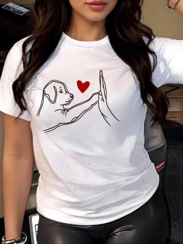 Women's Heart & Dog Print Round Neck Tee, Fashion Casual Short Sleeve T-shirt, Ladies Summer Clothes for Daily Wear