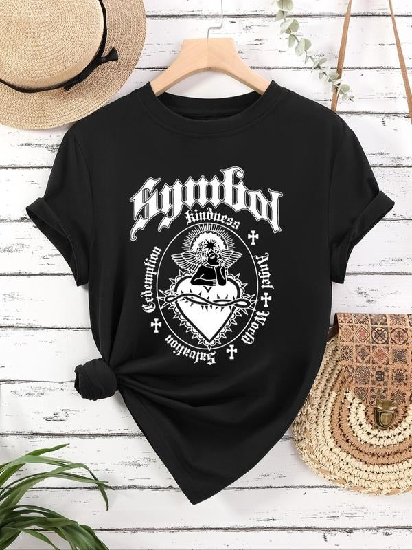 Women's Heart & Letter & Angel Print Round Neck Graphic Tee, Vintage Trendy Casual Short Sleeve T-shirt for Daily Wear, Ladies All Seasons Outfit