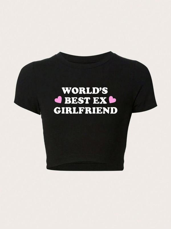 Women's Heart & Letter Print Round Neck Crop Tee, Fashion Casual Crew Neck T-Shirt for Daily Holiday Outdoor Wear, Ladies Clothes for Summer Valentine's Day, gift