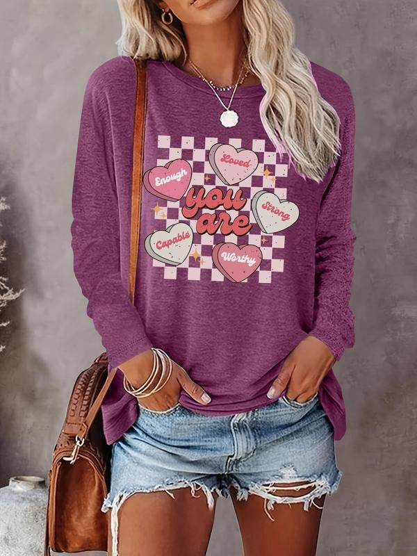 Women's Heart & Letter Print Round Neck Tee, Casual Long Sleeve Crew Neck T-shirt for Fall & Winter, Women's Top for Daily Wearstyle{n002}2