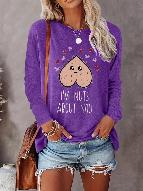 Women's Heart & Letter Print Round Neck Tee, Casual Long Sleeve Crew Neck T-shirt for Fall & Winter, Women's Top for Daily Wearstyle{n002}7