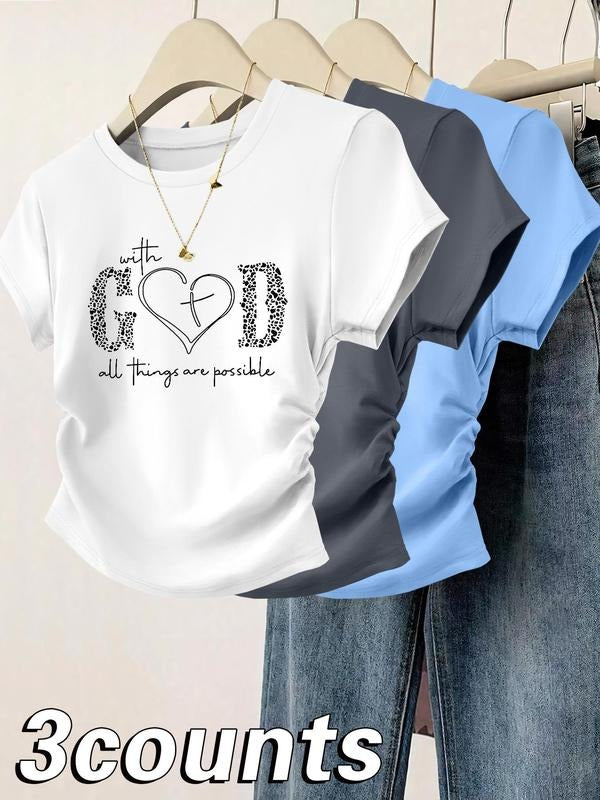 Women's Heart & Letter Print Tee, Casual Short Sleeve T-shirt for Daily Wear, Ladies Clothes for All Seasons, Top