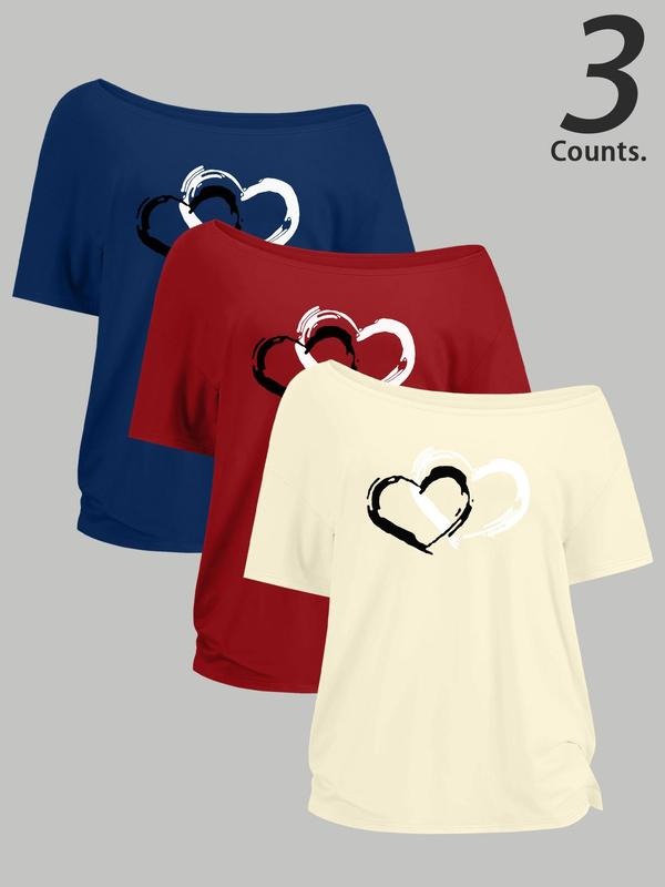 Women's Heart Print Curved Hem Tee, Casual Short Sleeve T-shirt for Daily Wear, Ladies Clothes for All Seasons, Top