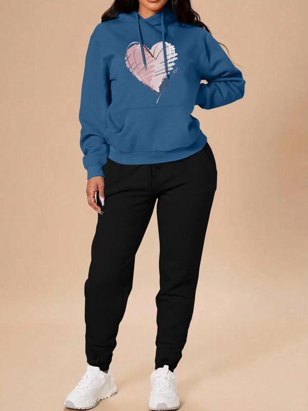 Women's Heart Print Hoodie & Pants Two-piece Set, Casual Long Sleeve Pullover & Trousers for Fall & Winter, Women's Clothes for Daily Wear Valentine's Day, gift