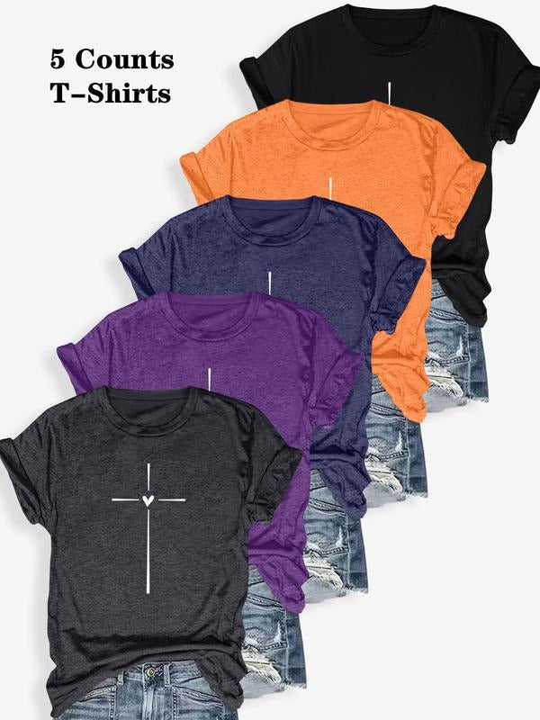 Women's Heart Print Round Neck Tee, Casual Short Sleeve Crew Neck T-shirt for Summer, Fashion Women's Top for Daily...