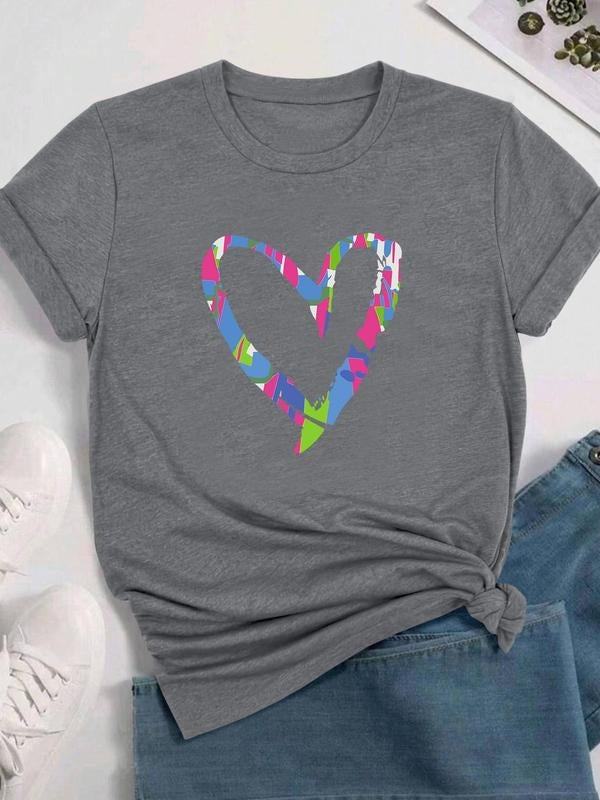 Women's Heart Print Round Neck Tee, Fashion Casual Crew Neck Short Sleeve T-Shirt for Daily Holiday Vacation Outdoor Wear, Ladies Clothes for All Seasons, Top