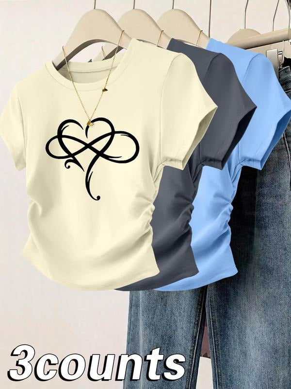 Women's Heart Print Tee, Casual Short Sleeve T-shirt for Daily Wear, Ladies Clothes for All Seasons, Topstyle{n002}3