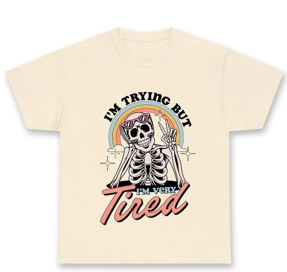 Women's I'm Trying But I'm Very Tired Y2K Graphic Tee, Summer Crewneck Womenswear Top Underwear Streetwear