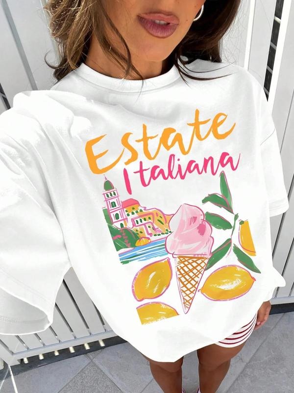Women's Ice Cream & Italy Town Print Round Neck Tee, Casual Letter Graphic Short Sleeve T-Shirt for Daily Wear, Ladies Clothes for All Seasons, Top