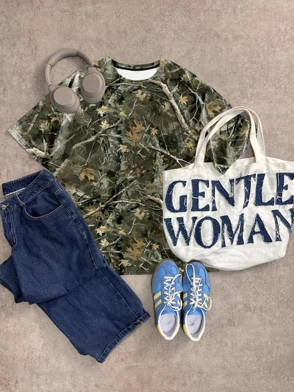 Women's Leaf Print Round Neck Tee, Casual Camo Print Short Sleeve T-shirt for Summer, Ladies Clothes for Daily Wear, Top