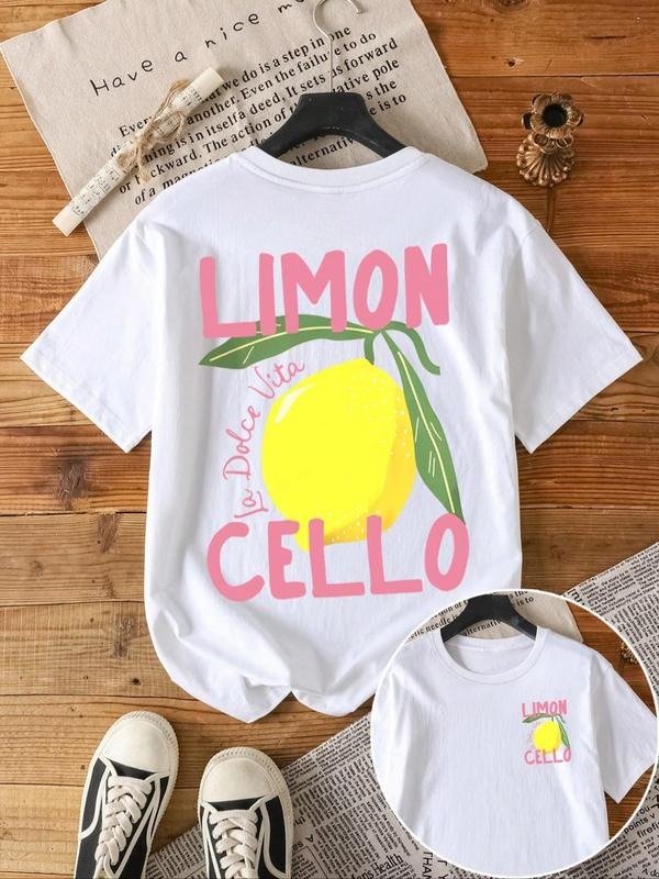 Women's Lemon & Letter Print Round Neck Tee, Casual Short Sleeve Crew Neck T-shirt for Summer, Fashion Women's Top for Daily Wearstyle{n002}2