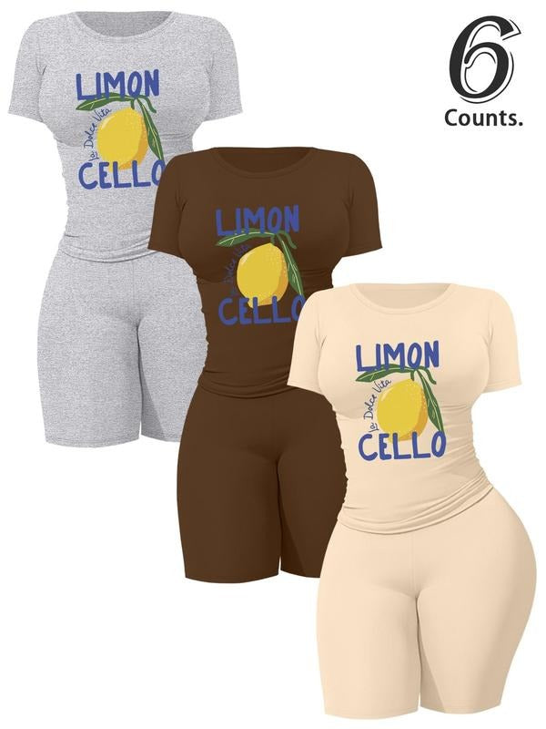 Women's Lemon Print Crop Tee & Skinny Shorts Set, Casual Short Sleeve T-shirt & Shorts, Ladies Summer Clothes, Womenswear...