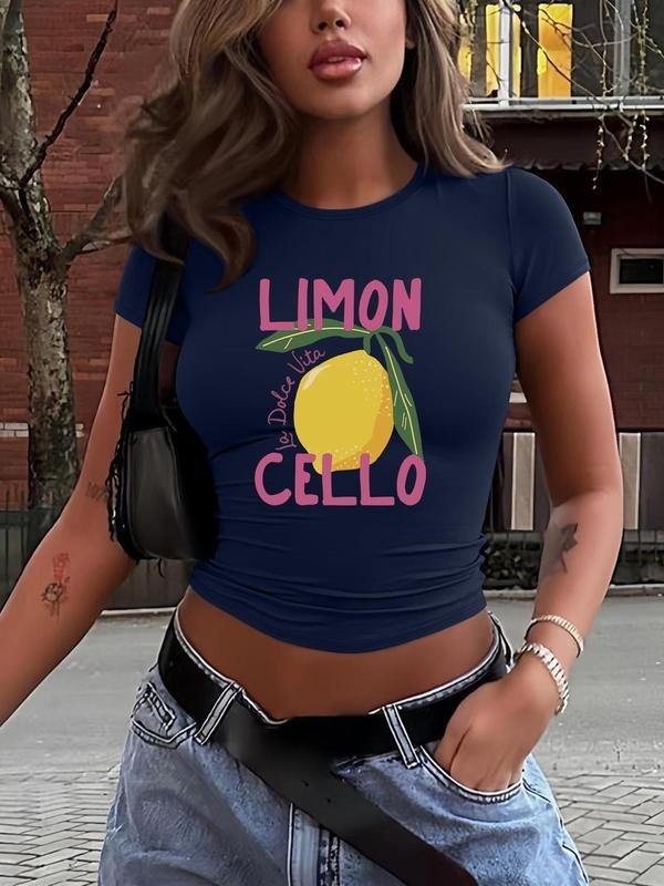 Women's Lemon Print Round Neck Crop Tee, Fashion Casual Crew Neck Short Sleeve T-shirt for Daily Holiday Vacation Outdoor Wear, Ladies Clothes for Summer, Top