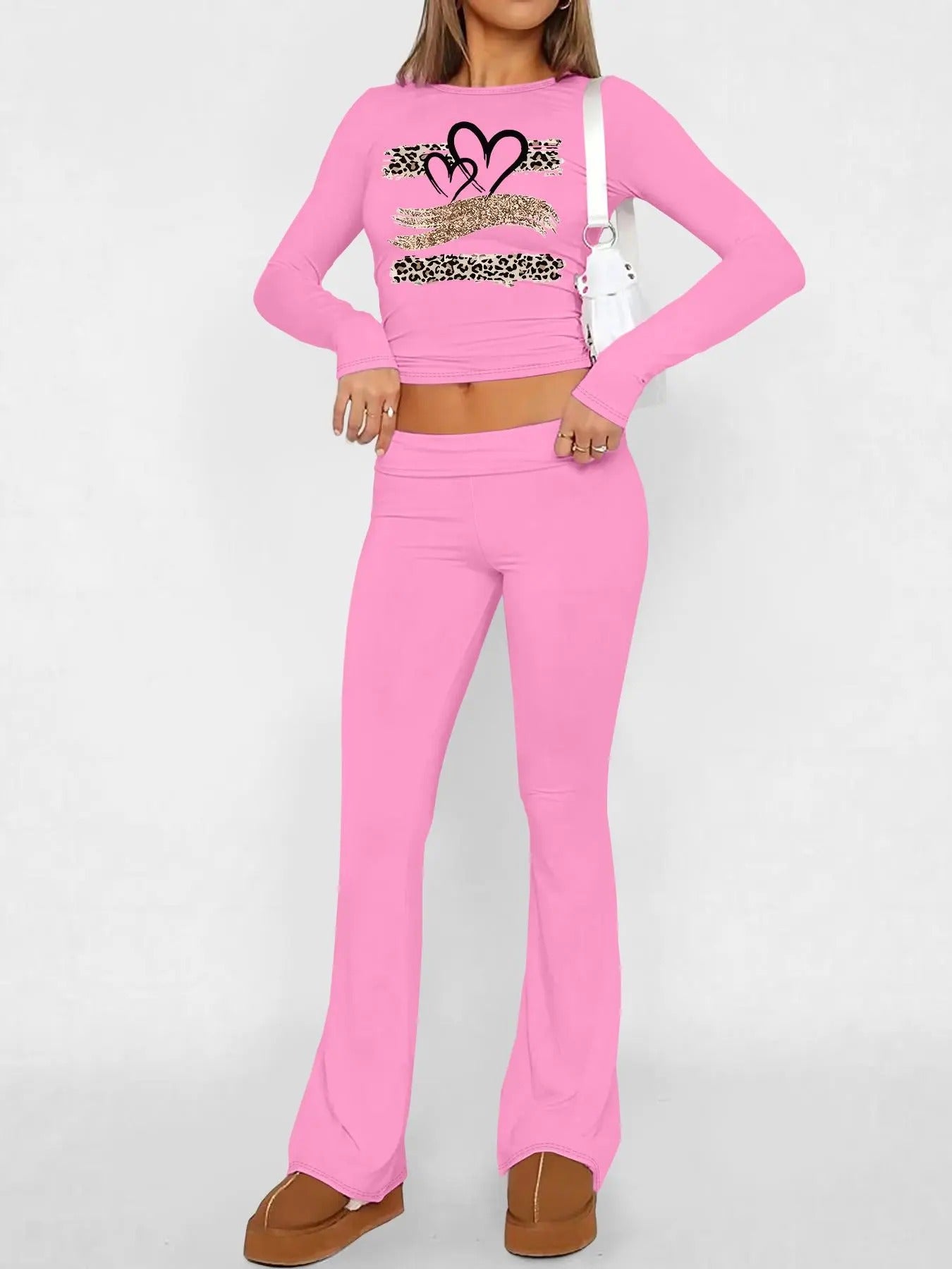 Women's Leopard & Heart Print Crop Tee & Flare Leg Pants Two-piece Set, Casual Fashion Cozy Long Sleeve Top & Bell Bottom Trousers for Daily Outdoor Wear, Ladies Clothes for Fall