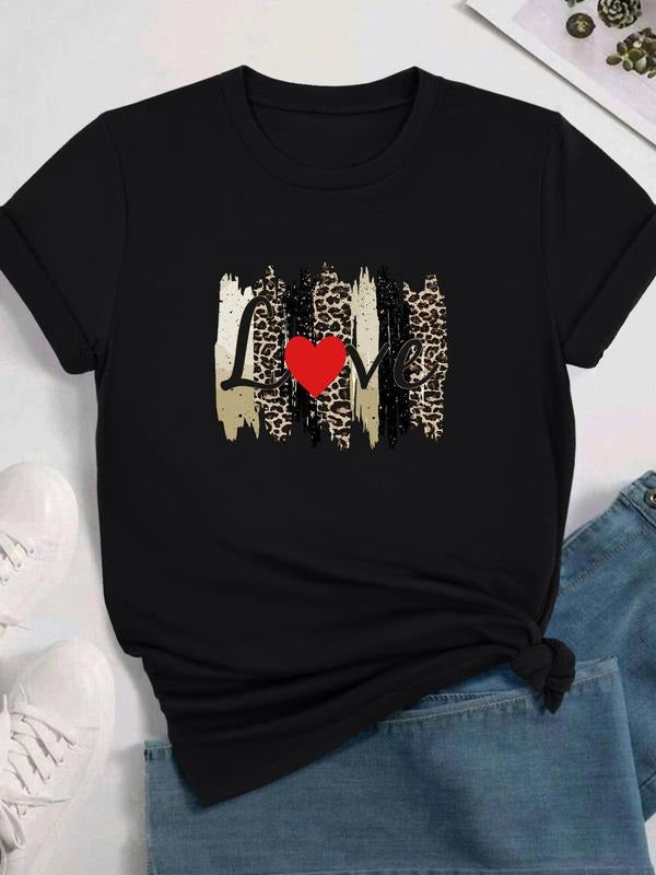 Women's Leopard Heart & Letter Print Round Neck Tee, Fashion Casual Crew Neck T-Shirt for Daily Holiday Vacation Outdoor Wear, Ladies Clothes for All Seasons, Top