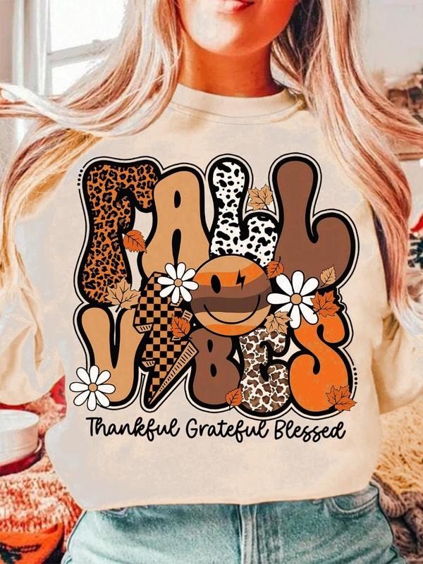 Women's Leopard-Letter Print Round Neck Sweatshirt, Casual Long Sleeve Crew Neck Pullover for Fall & Winter, Women's Clothes for Daily Wear