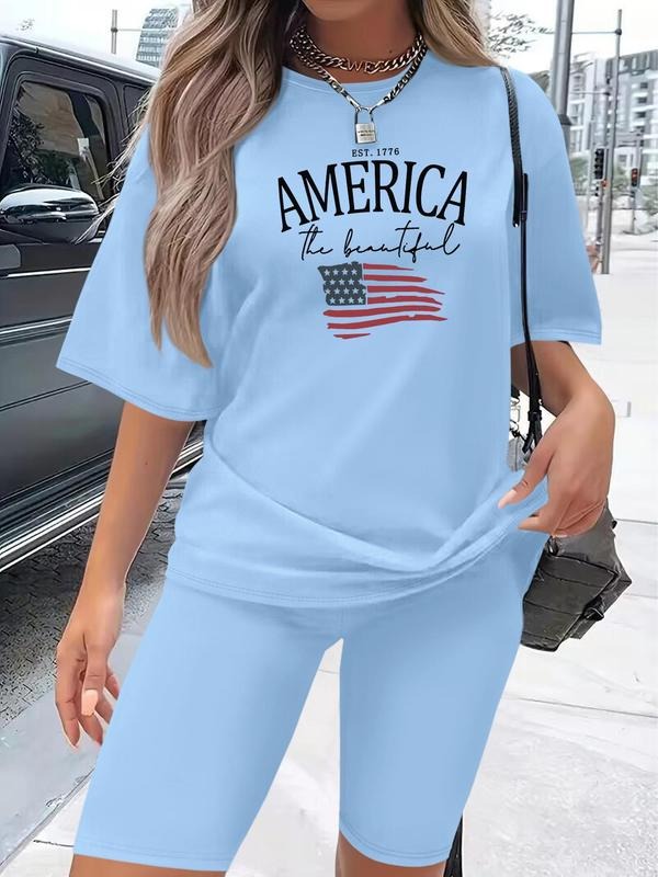 Women's Letter & American Flag Print Tee & Shorts Set, Casual Round Neck T-shirt & Shorts for Daily Wear, Ladies...