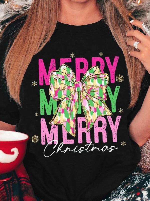 Women's Letter & Bow Print Round Neck Graphic Tee, Vintage Trendy Casual Short Sleeve T-shirt for Daily Wear, Ladies All Seasons Clothes