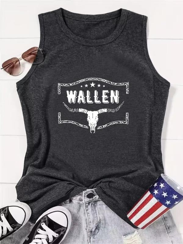 Women's Letter & Bull Head Print Round Neck Tank Top, Summer Clothes Women, Casual Star Print Sleeveless Top for Summer, Ladies Clothes for Daily Wear