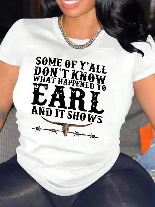 Women's Letter & Bull Head Print Round Neck Tee, Streetwear Fashion Casual Crew Neck Short Sleeve T-Shirt for Daily Holiday Vacation Outdoor Wear, Ladies Clothes for Summer