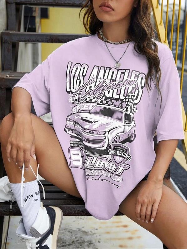 Women's Letter & Car Print Drop Shoulder Tee, Casual Round Neck Short Sleeve T-shirt, Summer Clothes Women, Lady Summer Top for Daily Wear