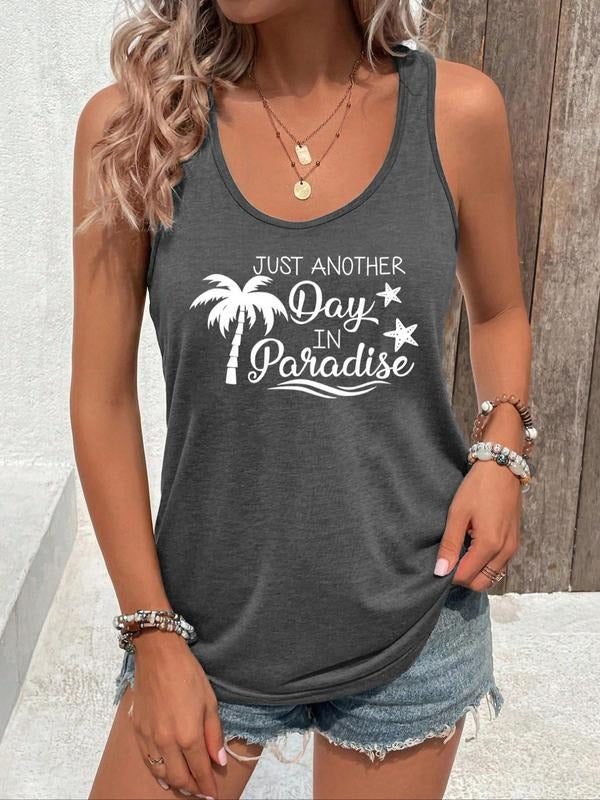 Women's Letter & Coconut Tree Graphic Print Scoop Neck Tank Top, Casual Sleeveless Top for Summer, Ladies Clothes for Daily Wear