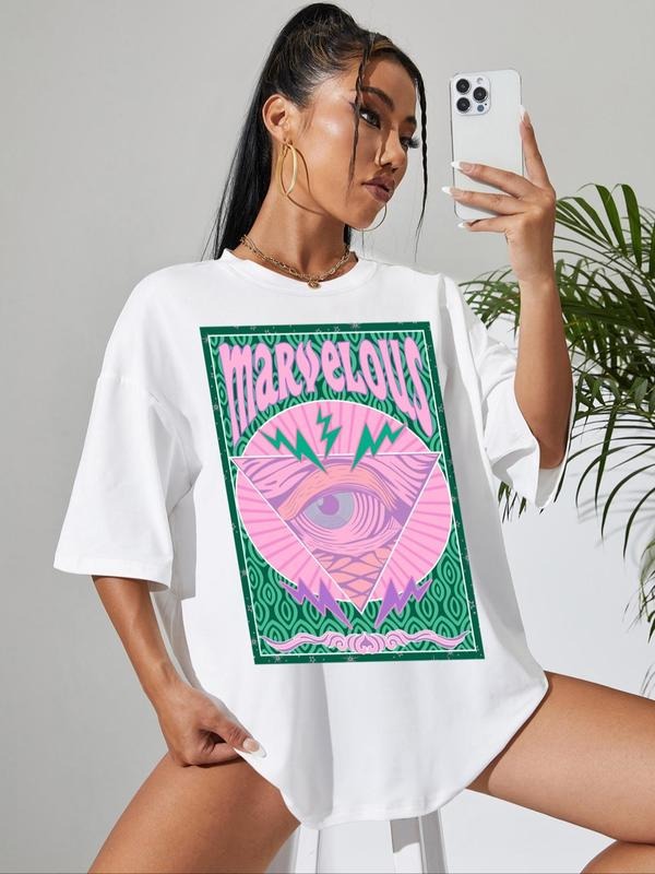 Women's Letter & Eye Print Round Neck Graphic Tee, Vintage Trendy Casual Drop Shoulder Short Sleeve T-shirt For Daily...