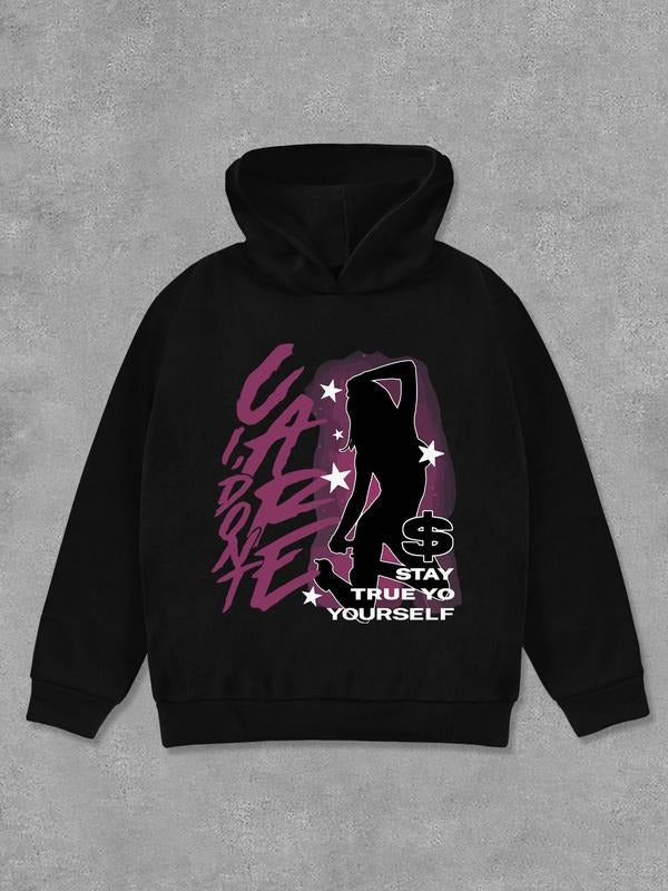 Women's Letter & Figure Print Drop Shoulder Hoodie, Fashion Casual Hooded Sweatshirt for Daily Holiday Outdoor Wear, Women Clothing for Fall & Winter