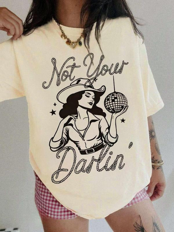 Women's Letter & Figure Print Round Neck Tee, Casual Half Sleeve Crew Neck T-shirt for Summer, Fashion Women's Top for Daily Wear