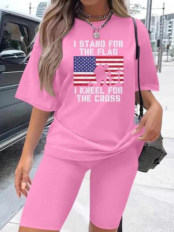 Women's Letter & Flag Print Two-Piece Set, Casual Short Sleeve T-Shirt & Skinny Shorts, Women's Clothing for Daily Wear, Suits
